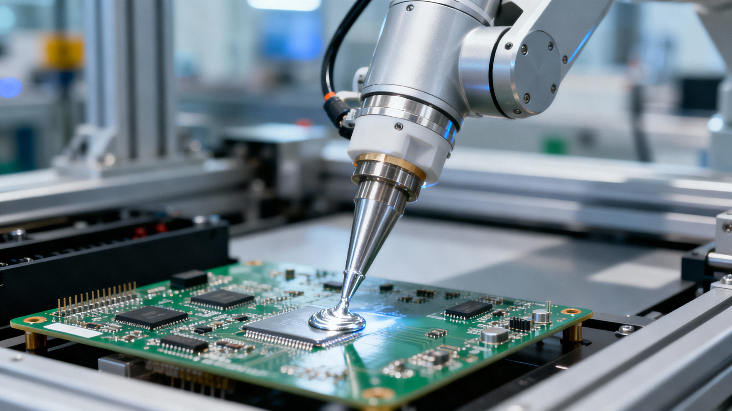Close-up of a machine applying silver paste to a circuit board, a key industrial use for alpha-terpineol solvent.