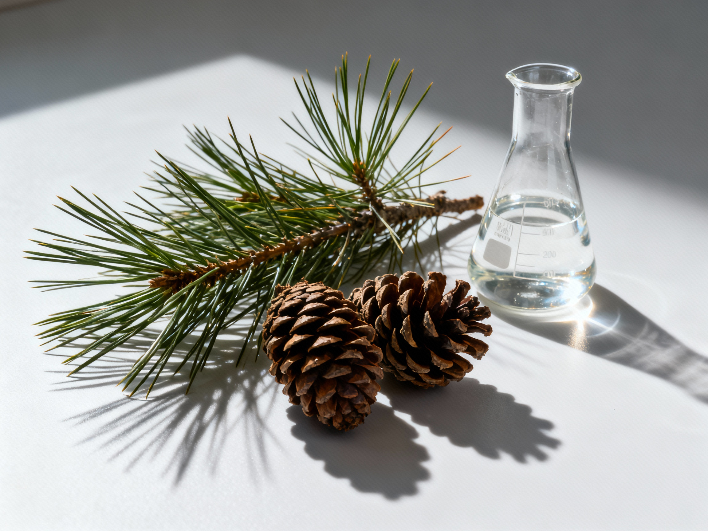 Pine needles and cones next to a lab beaker, symbolizing the synthesis of sustainable pine-derived aroma chemicals.