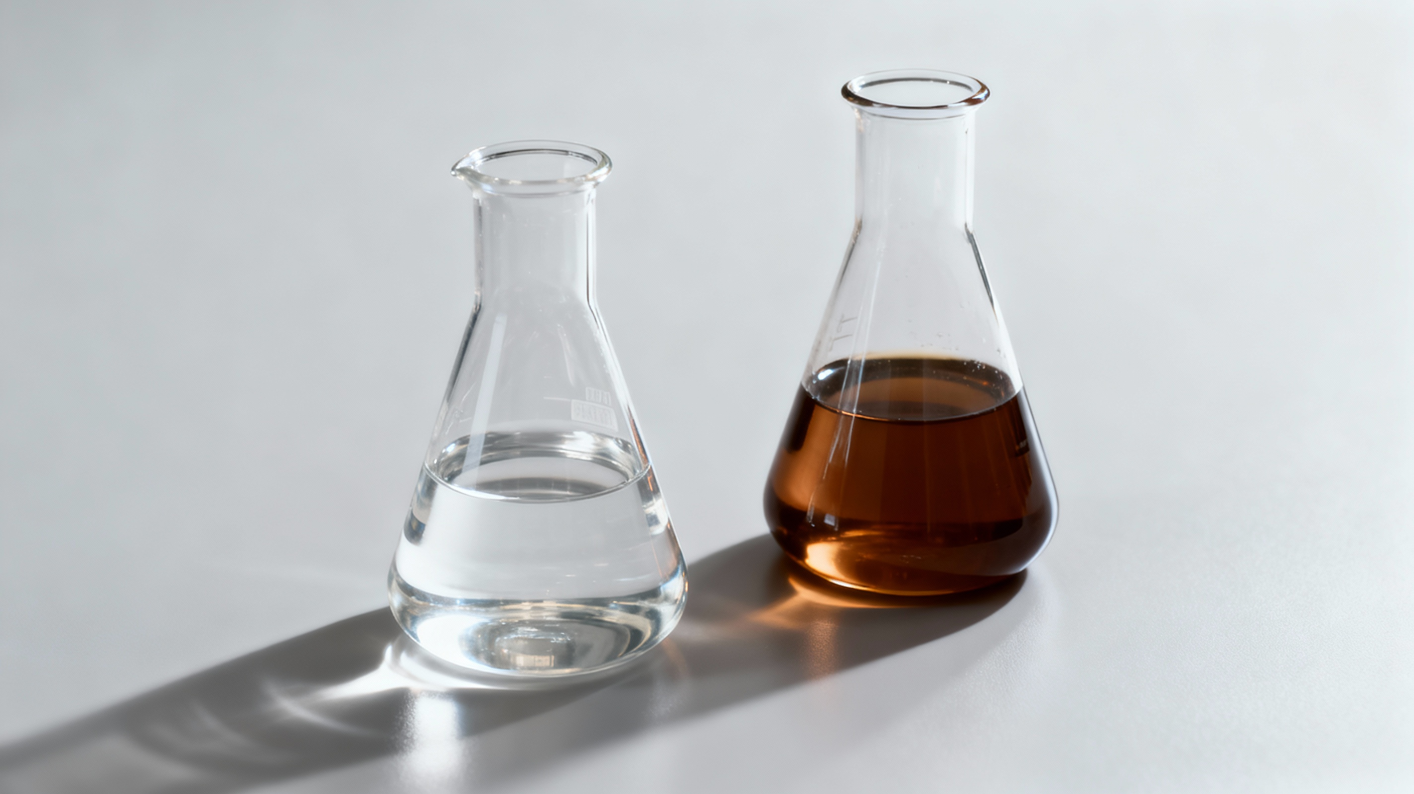 Two beakers showing a stable and an unstable aroma chemical formula, one clear and one discolored brown.
