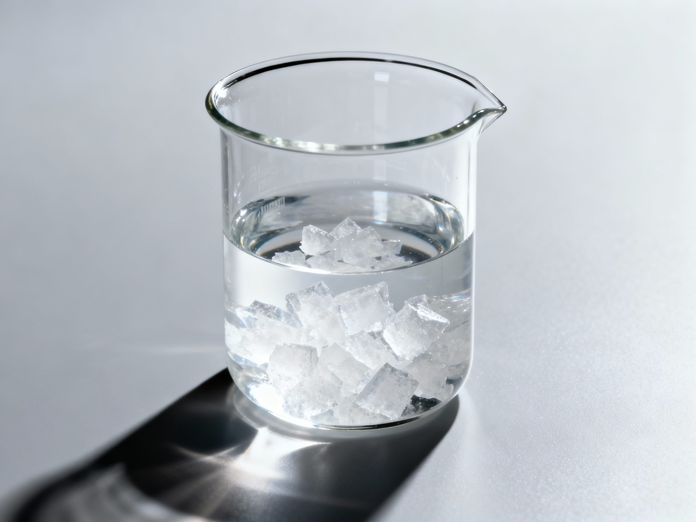 A laboratory beaker showing white crystals forming from the alpha terpinene and maleic anhydride reaction.