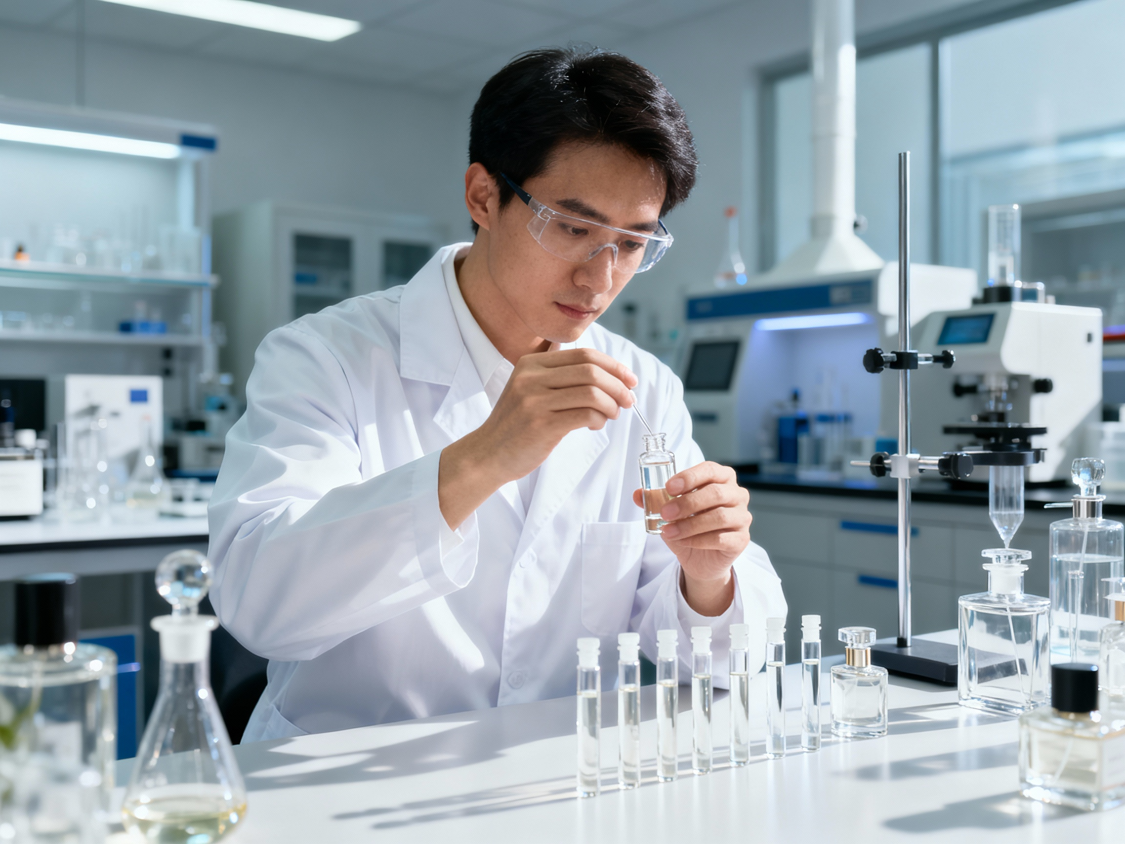 Scientist in a lab testing the purity of aroma chemicals for perfume manufacturing.