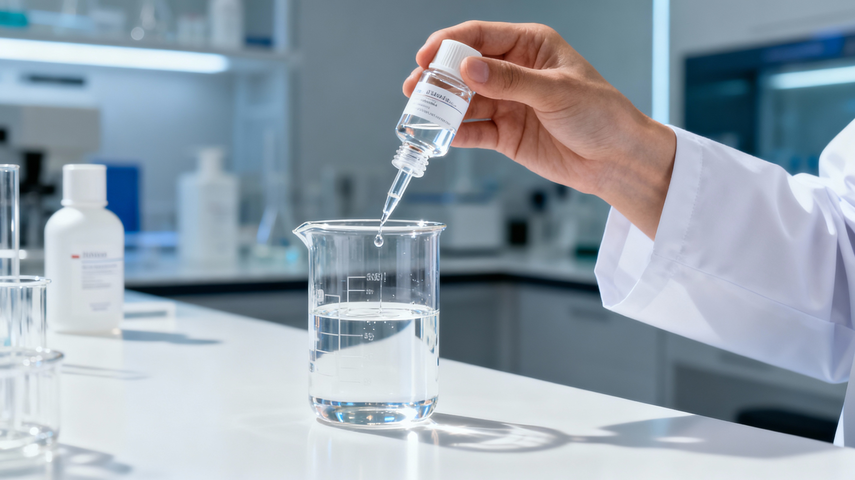 A lab technician pipetting a clear l-limonene isolate for managing fragrance allergens in cosmetic products.