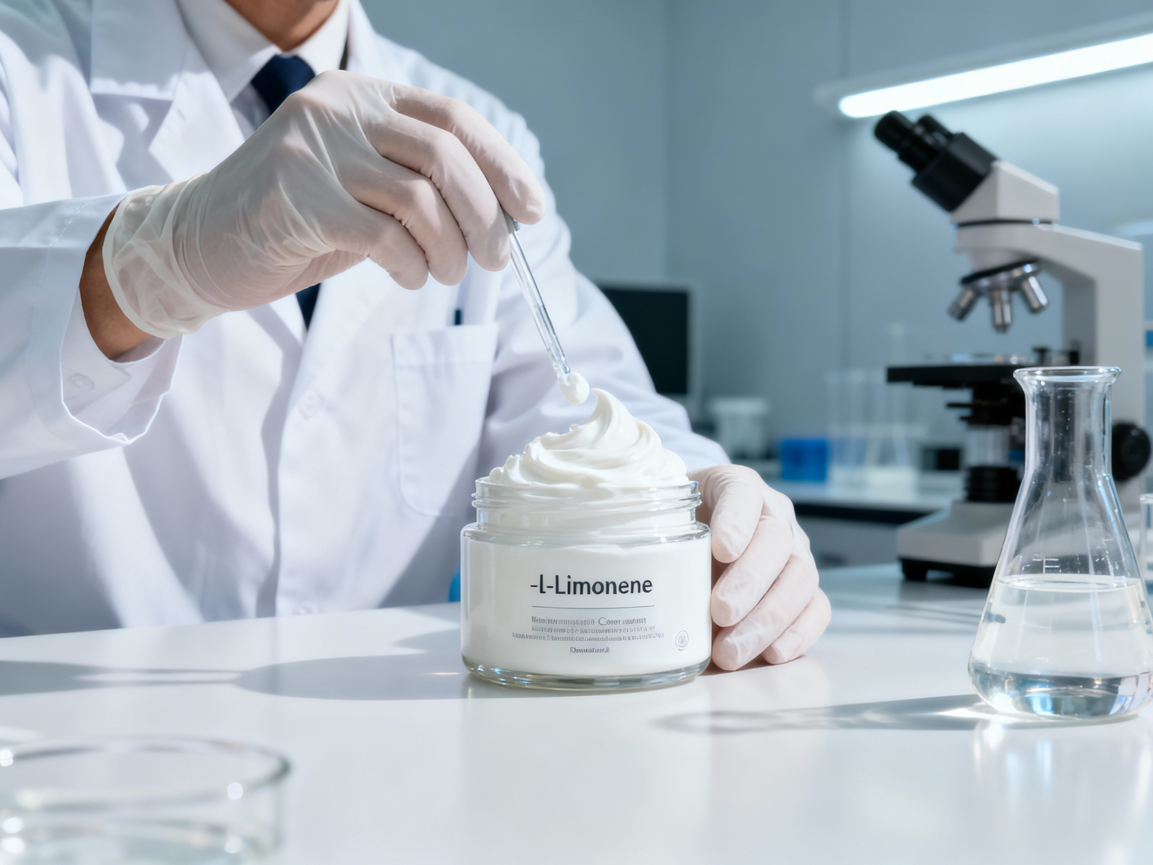 A chemist formulates a cosmetic cream with high-purity l-limonene to avoid side effects from fragrance in cosmetics.