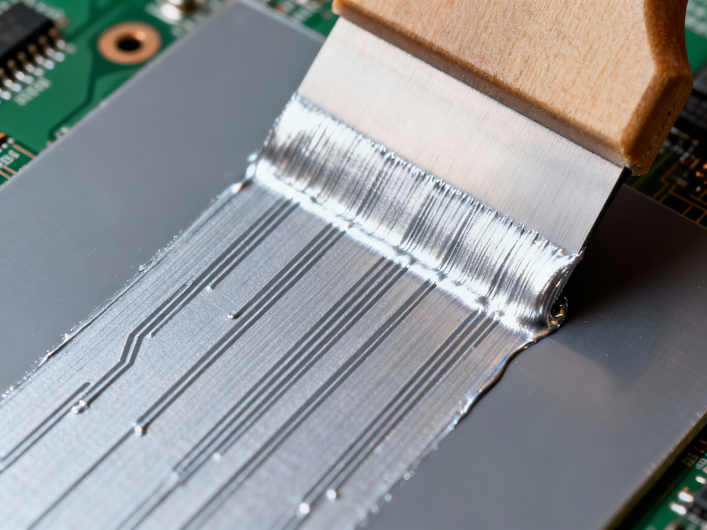 A squeegee applying silver paste with terpineol onto a circuit board for precise line definition.