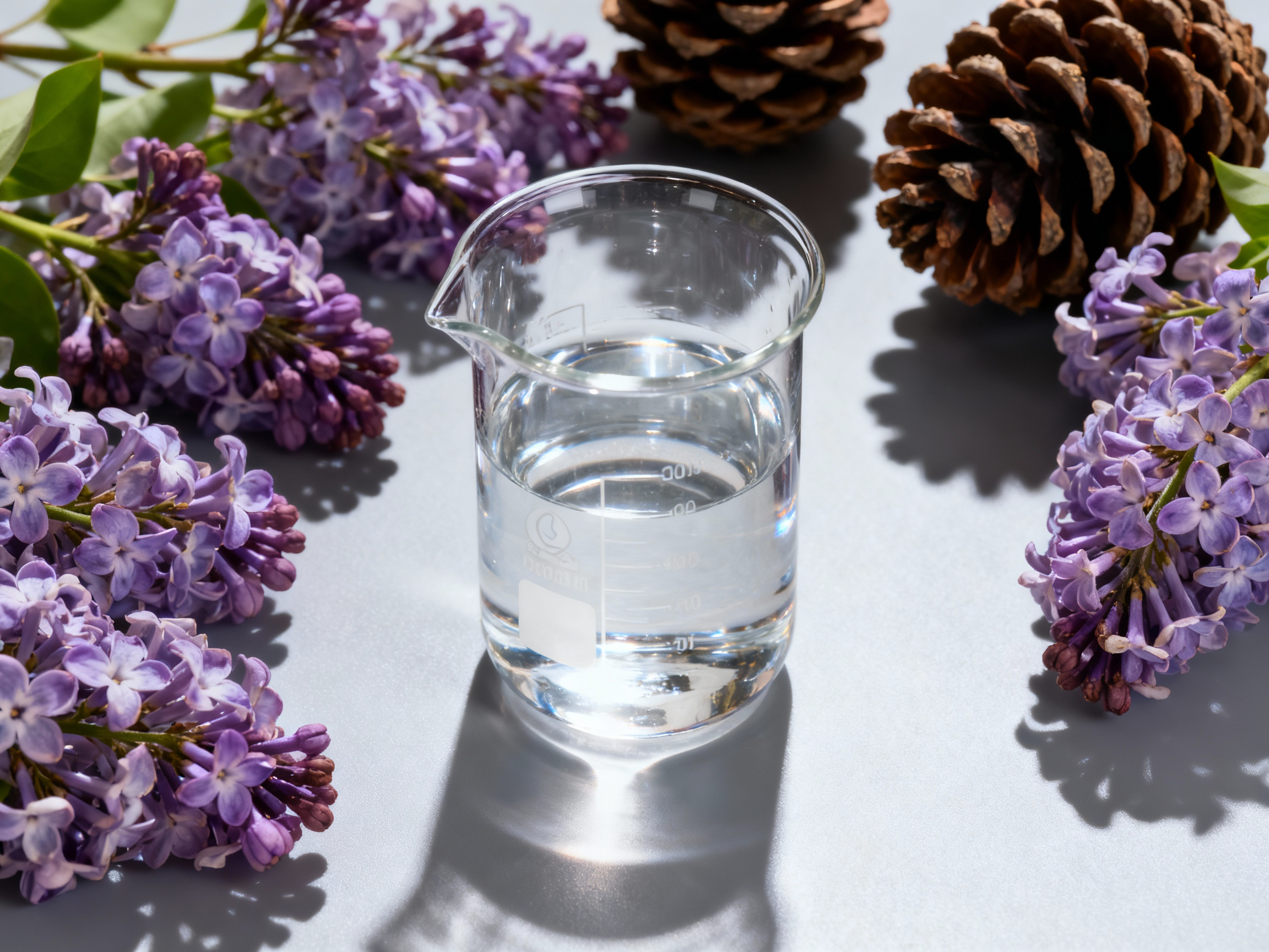 A beaker of clear alpha-terpineol liquid surrounded by fresh lilac flowers and pine cones, for use in fragrance.