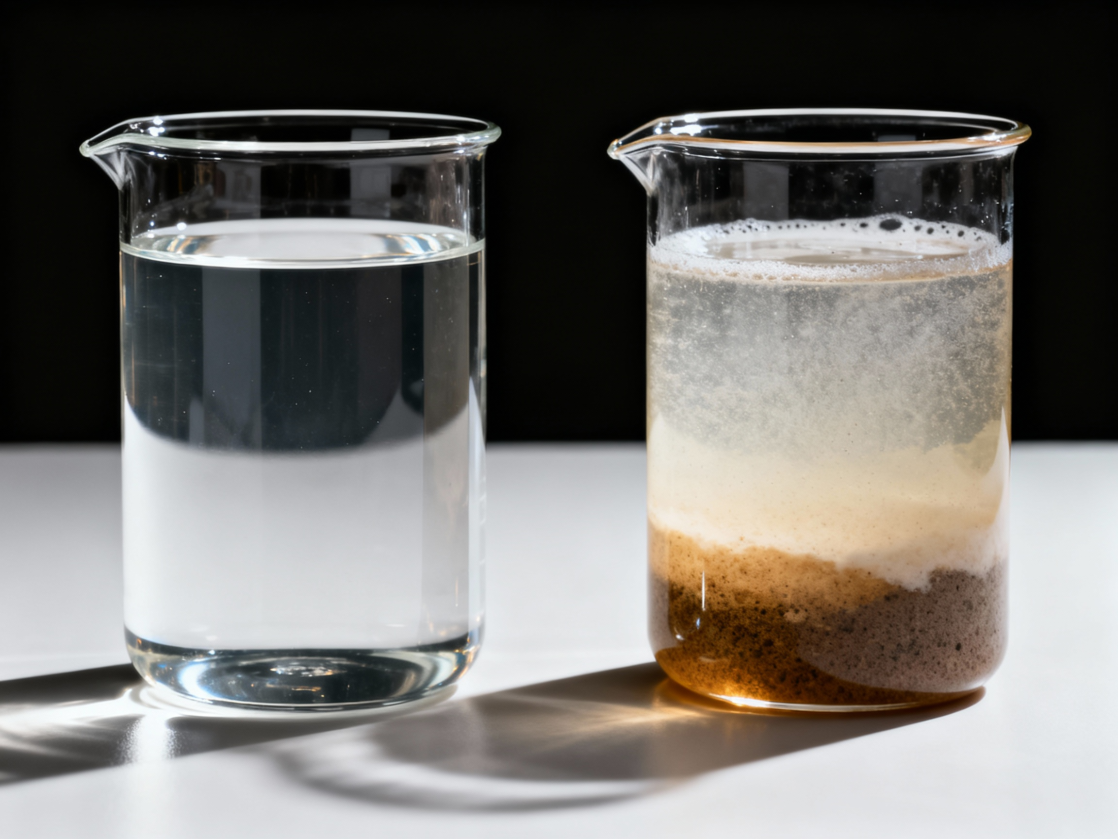 Stability test of fragrance in cosmetics: one beaker shows a clear shampoo, the other a discolored and separated formula.