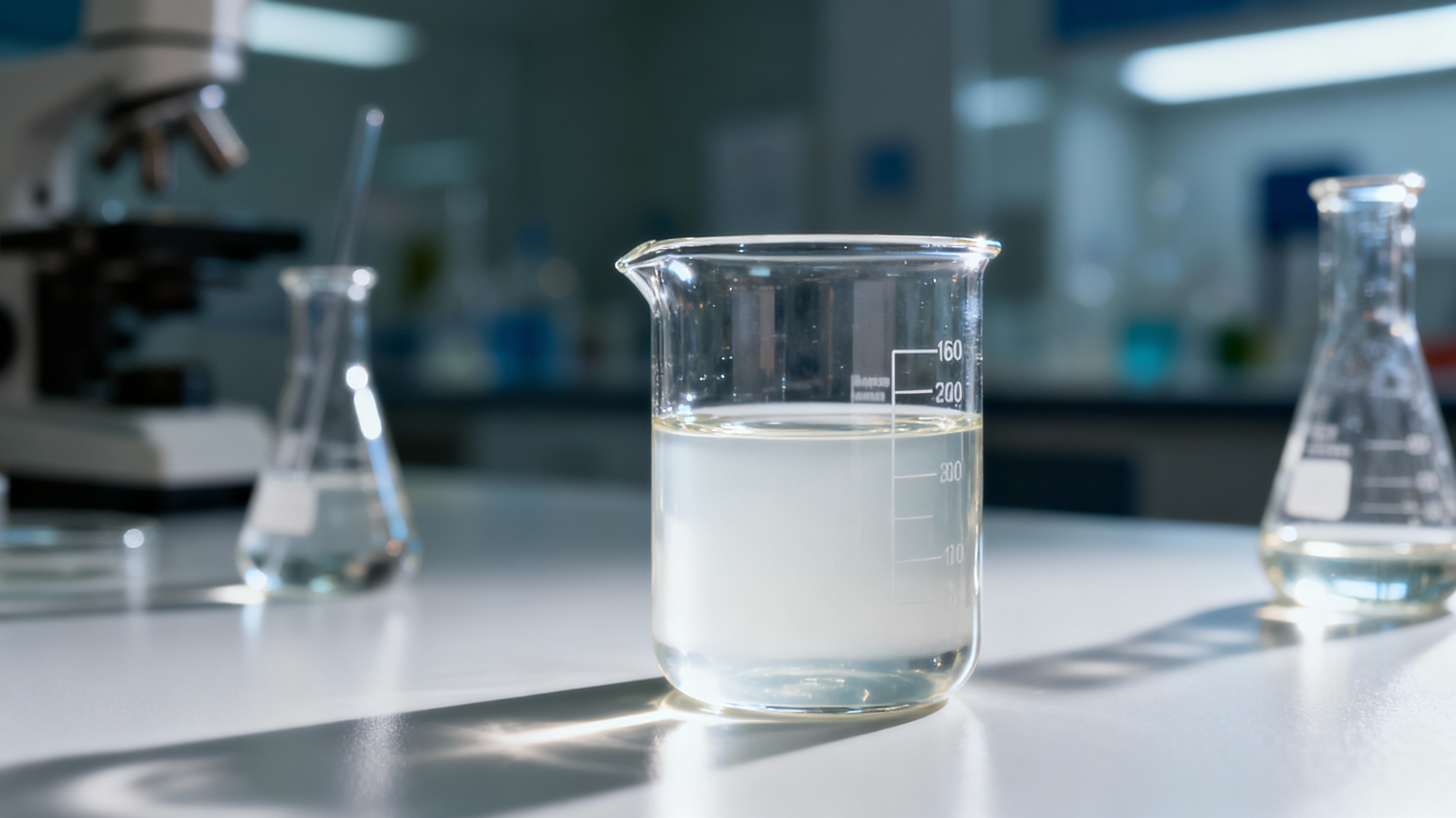 A lab beaker holds colorless, viscous alpha-terpineol, a key ingredient for fragrances and personal care products.