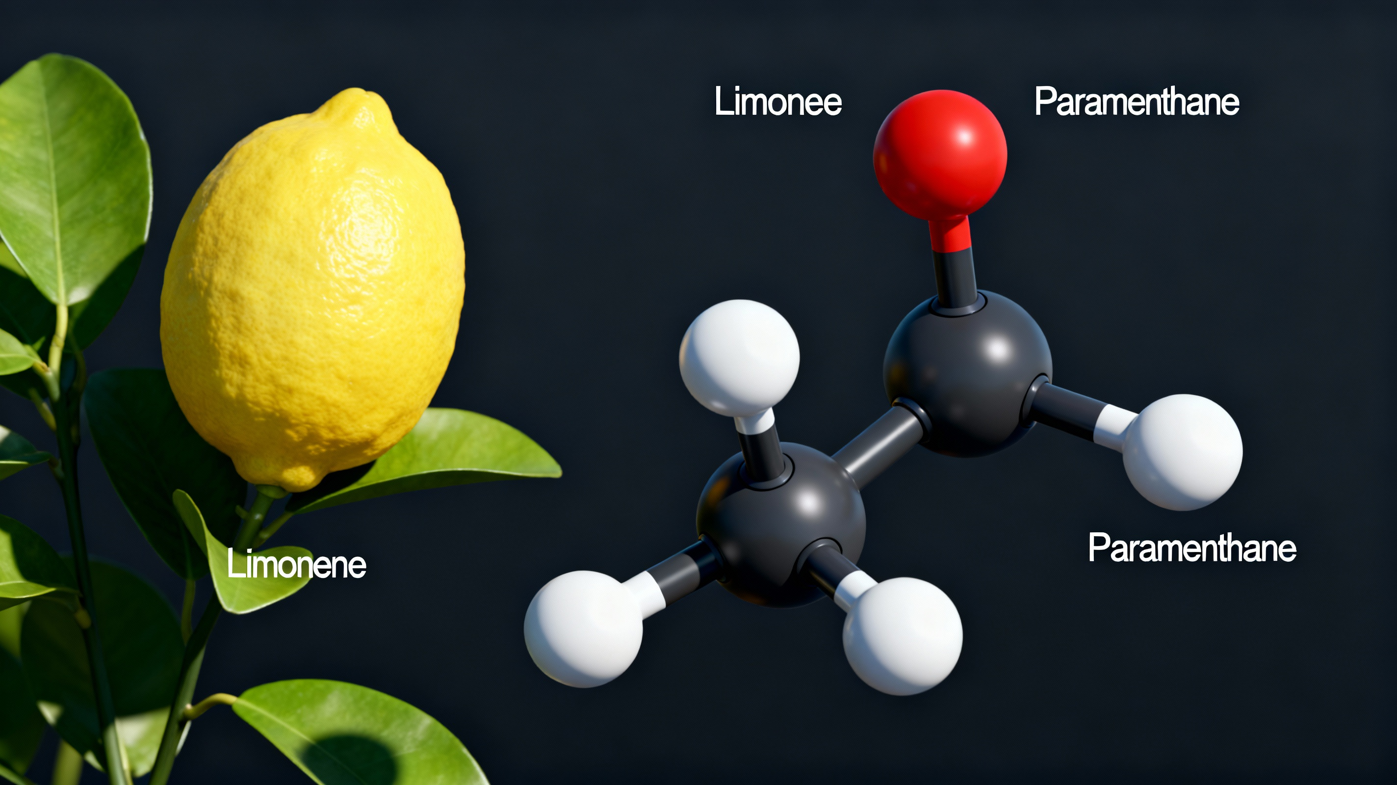 Chemical diagram showing the hydrogenation of unstable Limonene into stable Paramenthane, a botanically derived terpene.