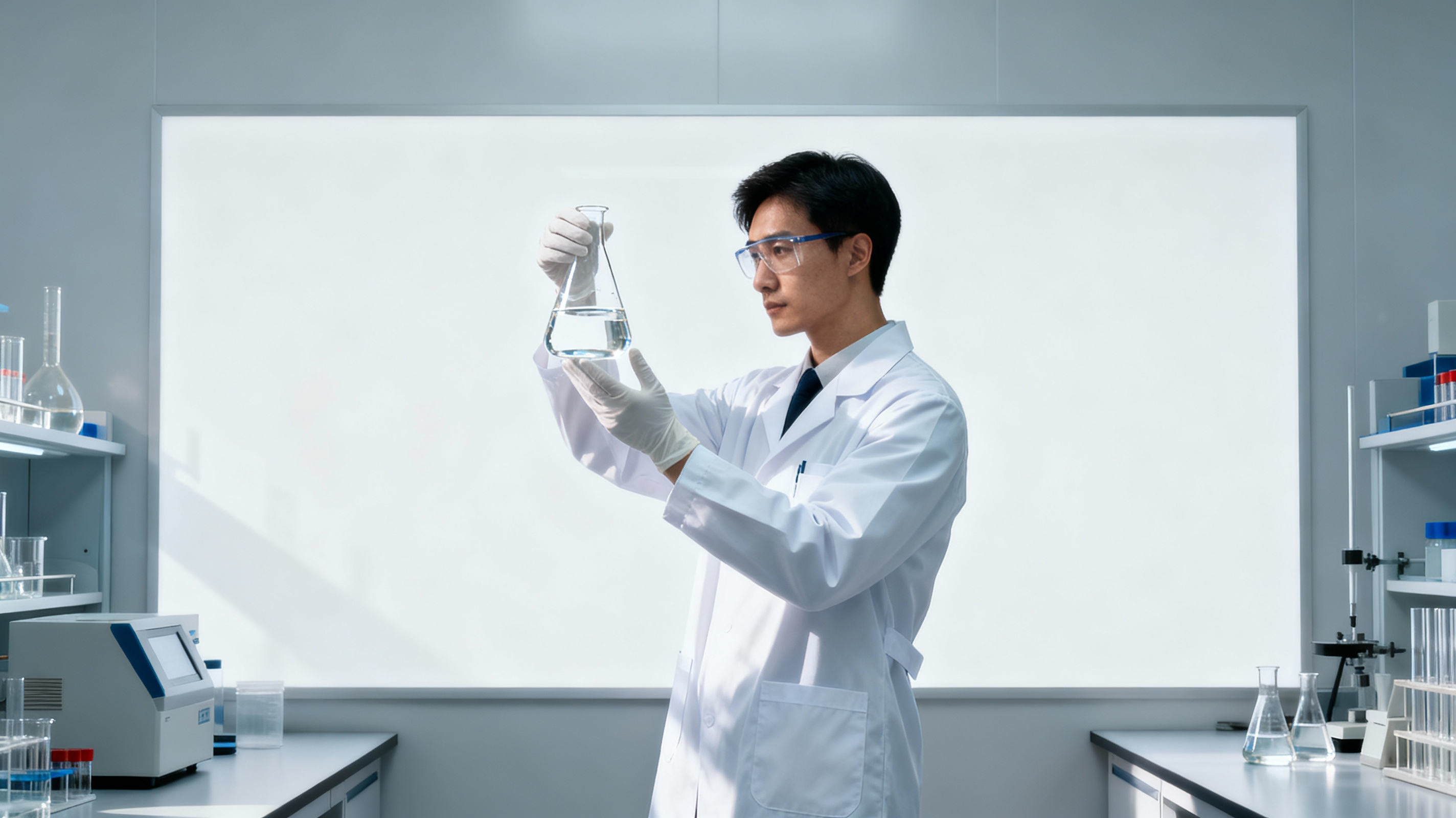 A chemist in a lab examines a flask of clear liquid, representing stable aroma chemicals production.
