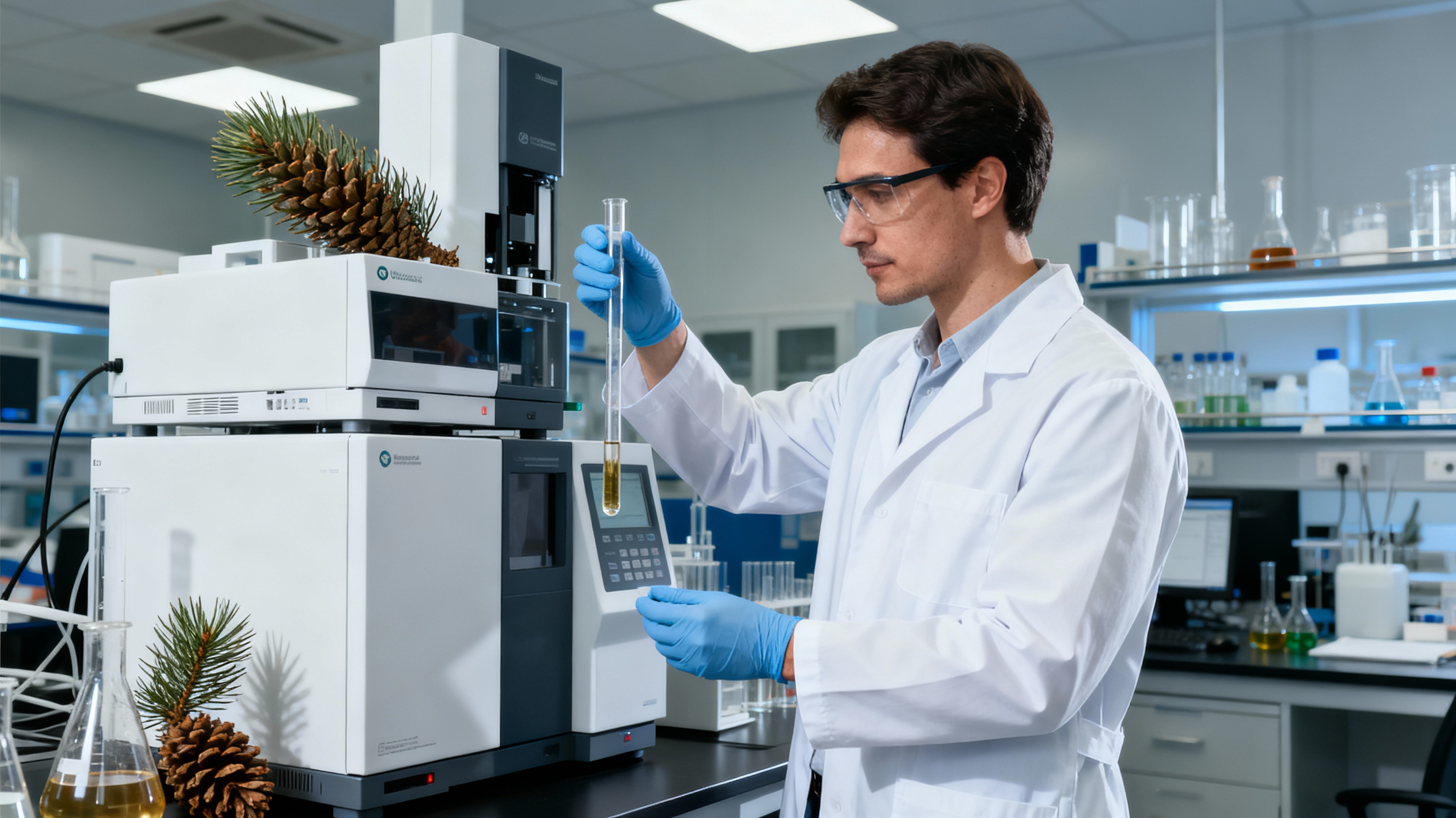 Chemist in a lab analyzing pine extract to identify trace aroma chemicals using advanced chromatography.
