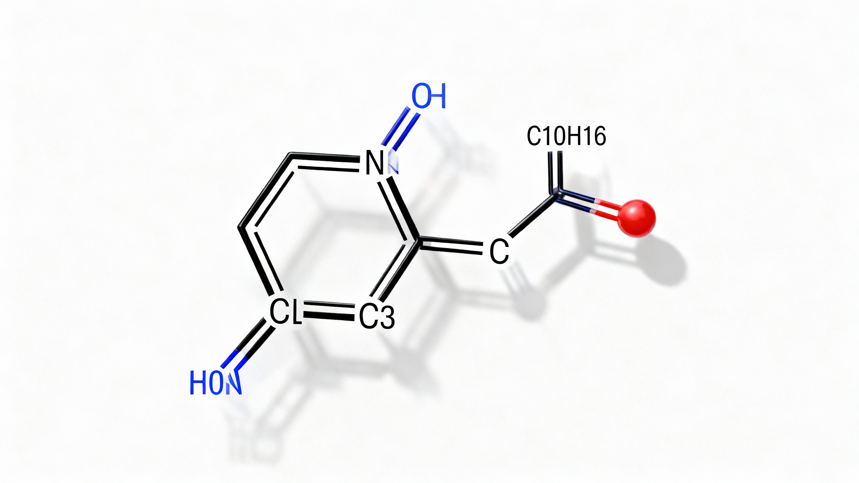 The bicyclic molecular structure of delta 3 carene (C10H16), a key component in pine fragrance.