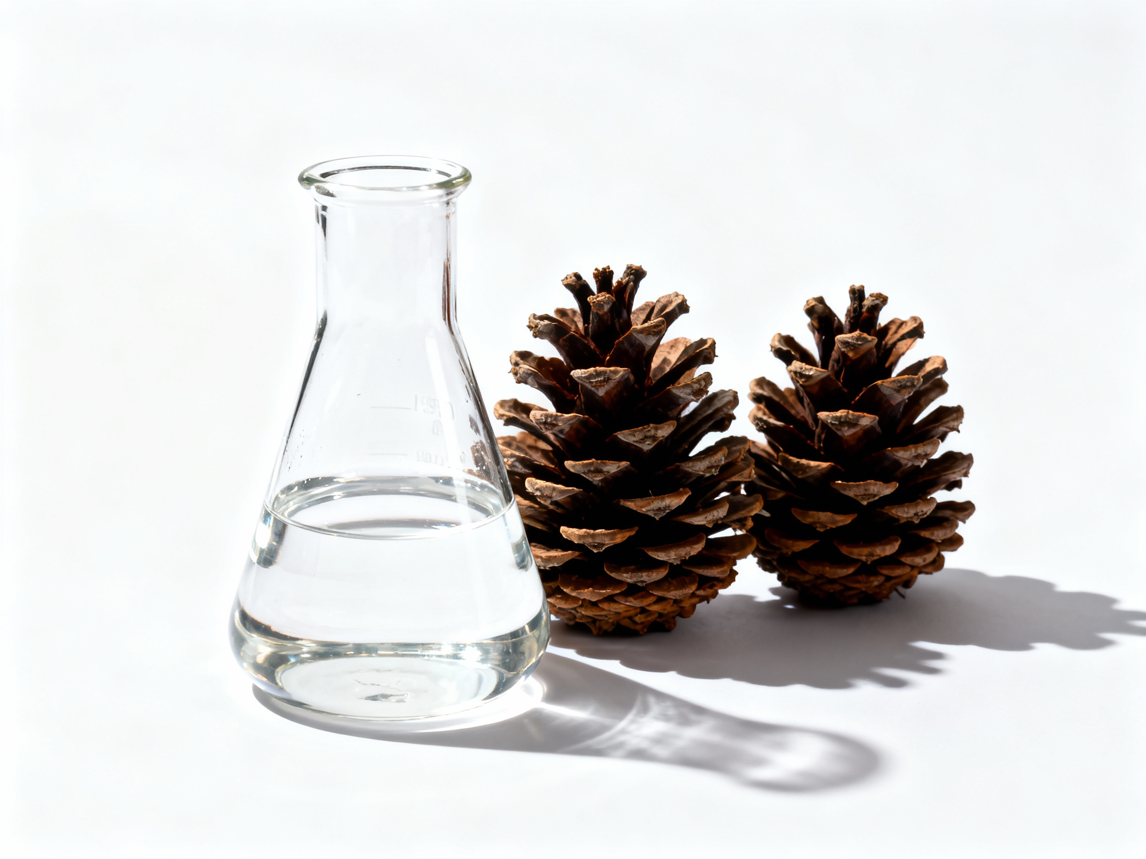 A glass beaker of colorless delta 3 carene liquid beside pine cones, showing its use in pine fragrances.