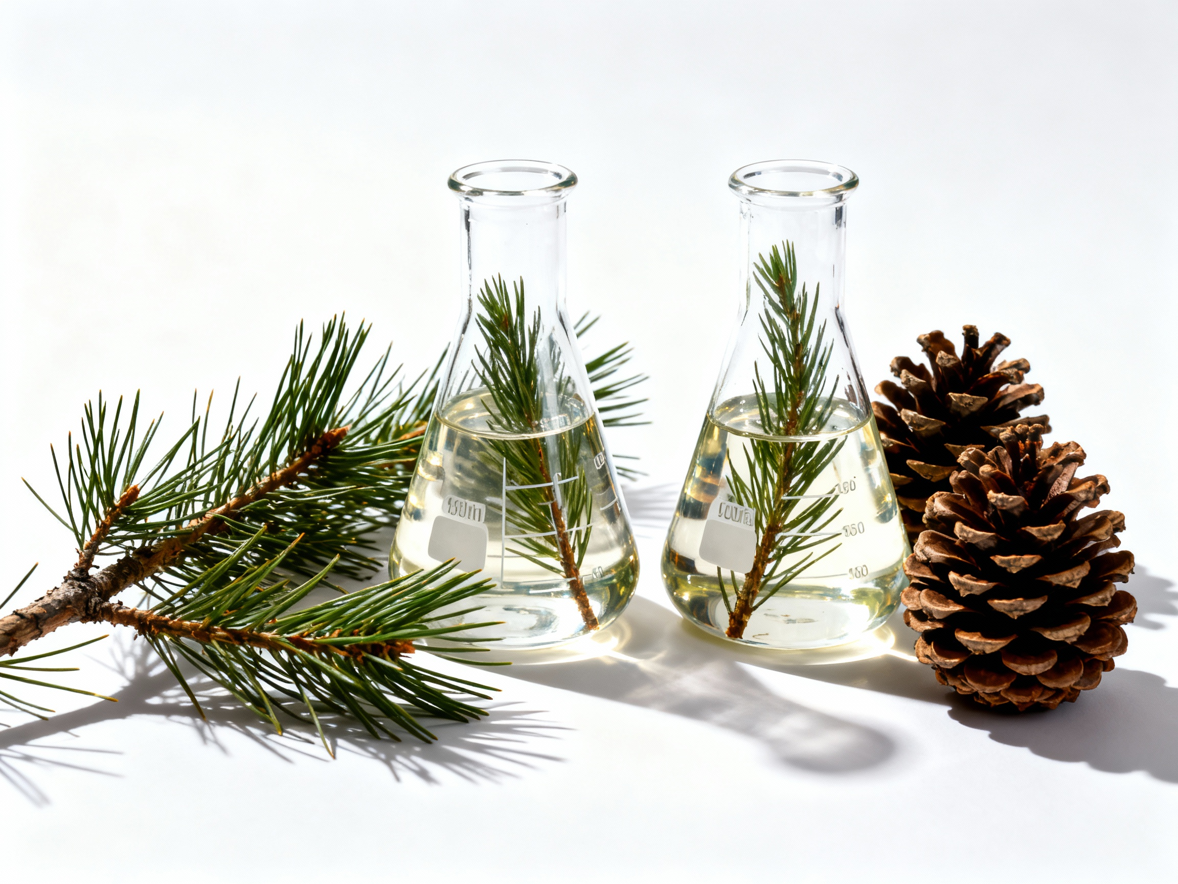 Pine-derived aroma chemicals in lab beakers, with pine cones and branches highlighting their natural forestry source.