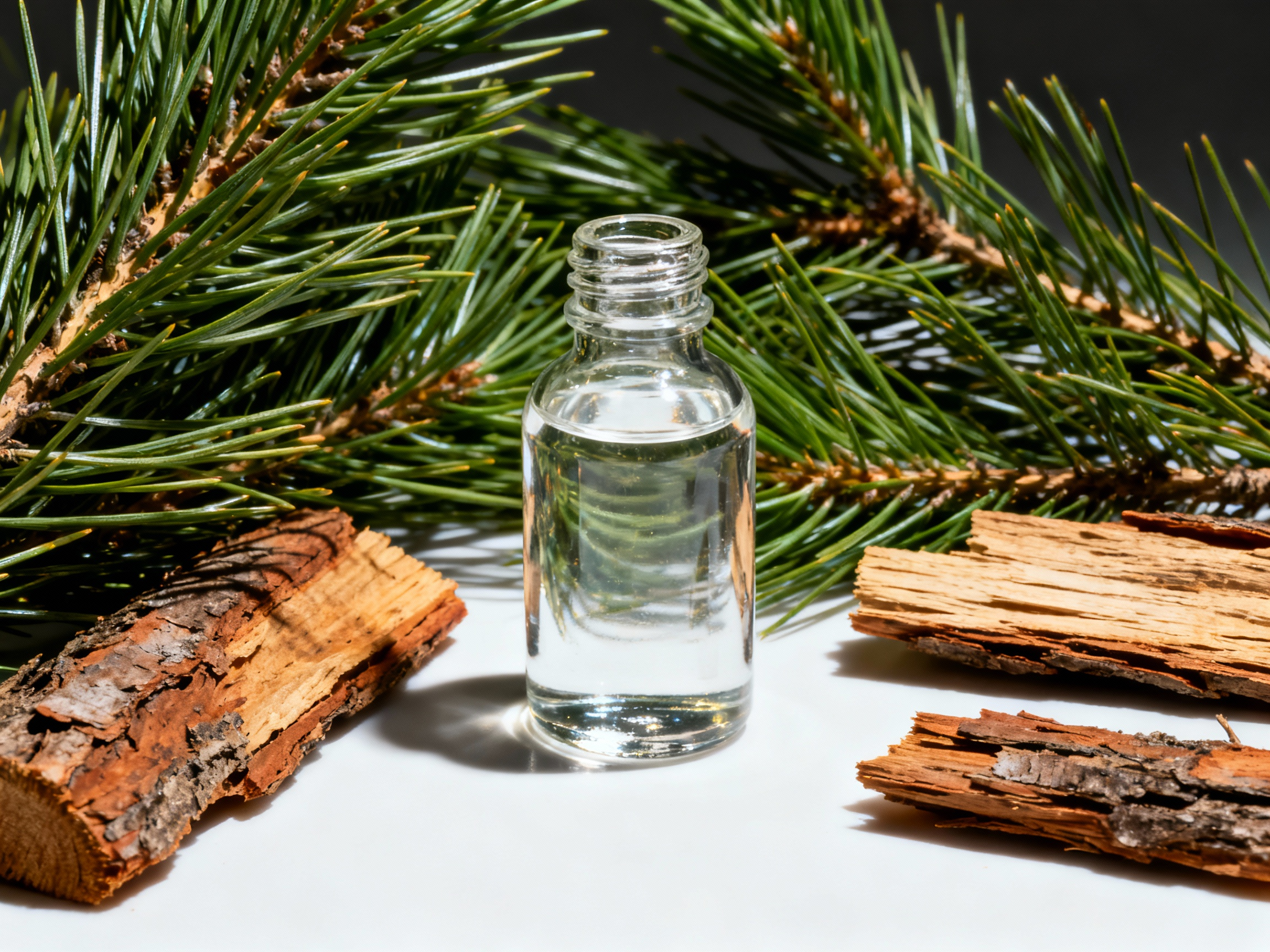 A glass bottle of clear delta 3 carene, surrounded by fresh pine needles and cedar wood, illustrating its scent profile.