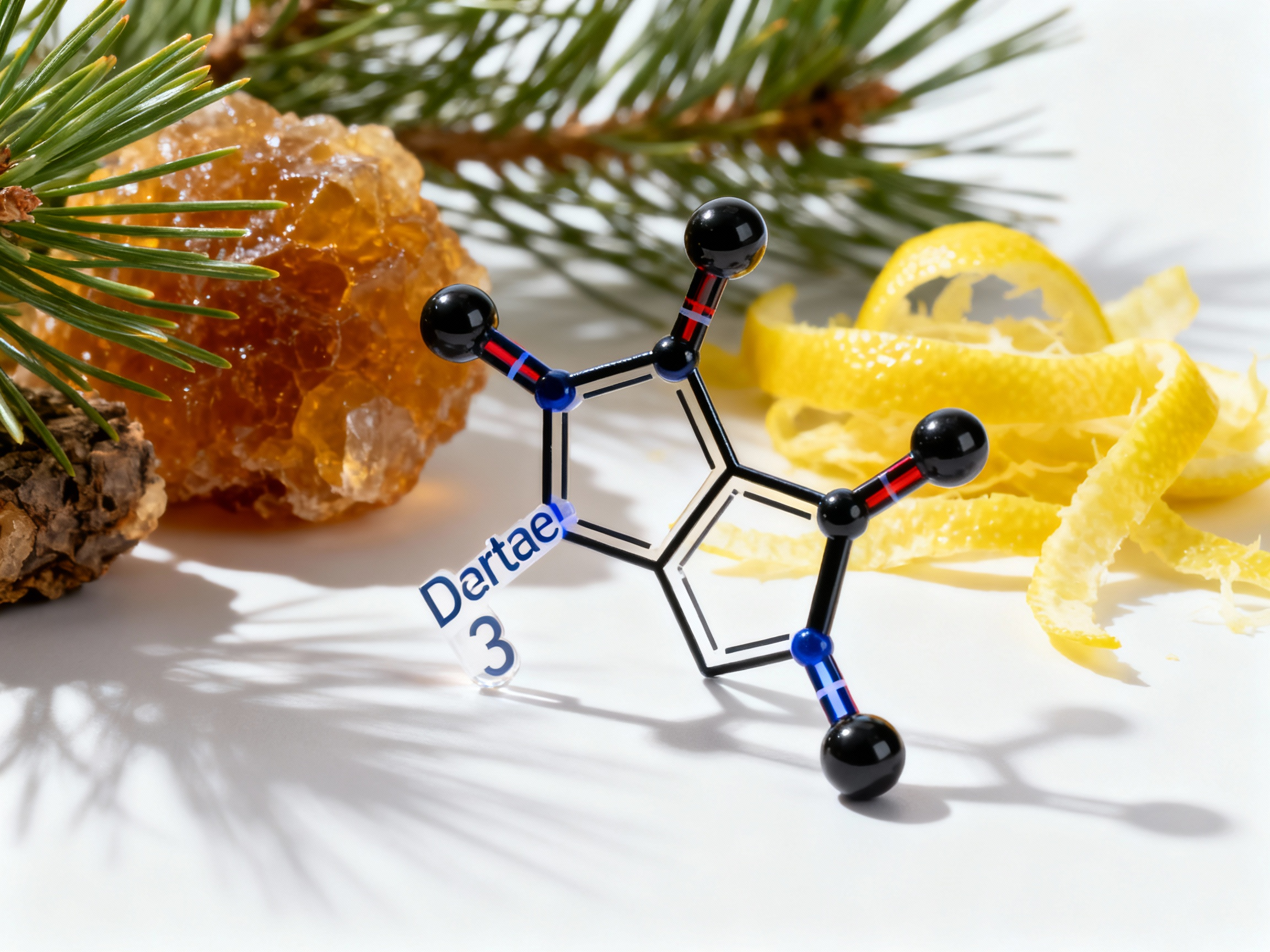 Chemical structure of the delta 3 carene terpene with pine resin and lemon zest in the background.