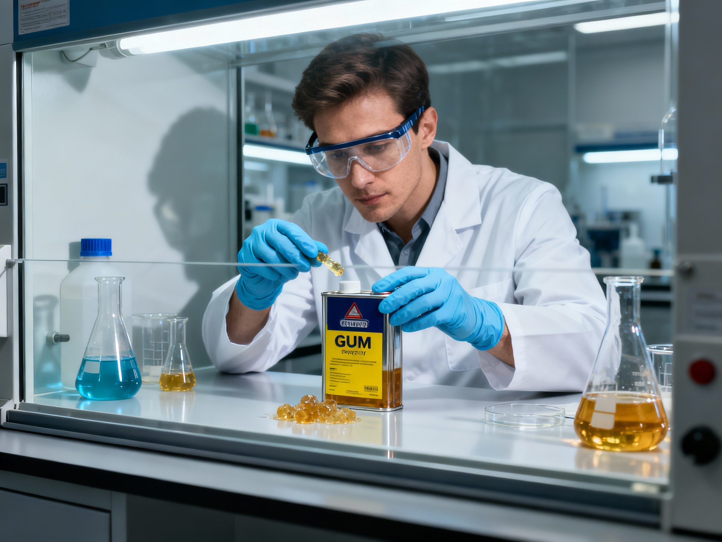 A scientist wearing protective gloves and goggles handles gum turpentine under a laboratory fume hood.