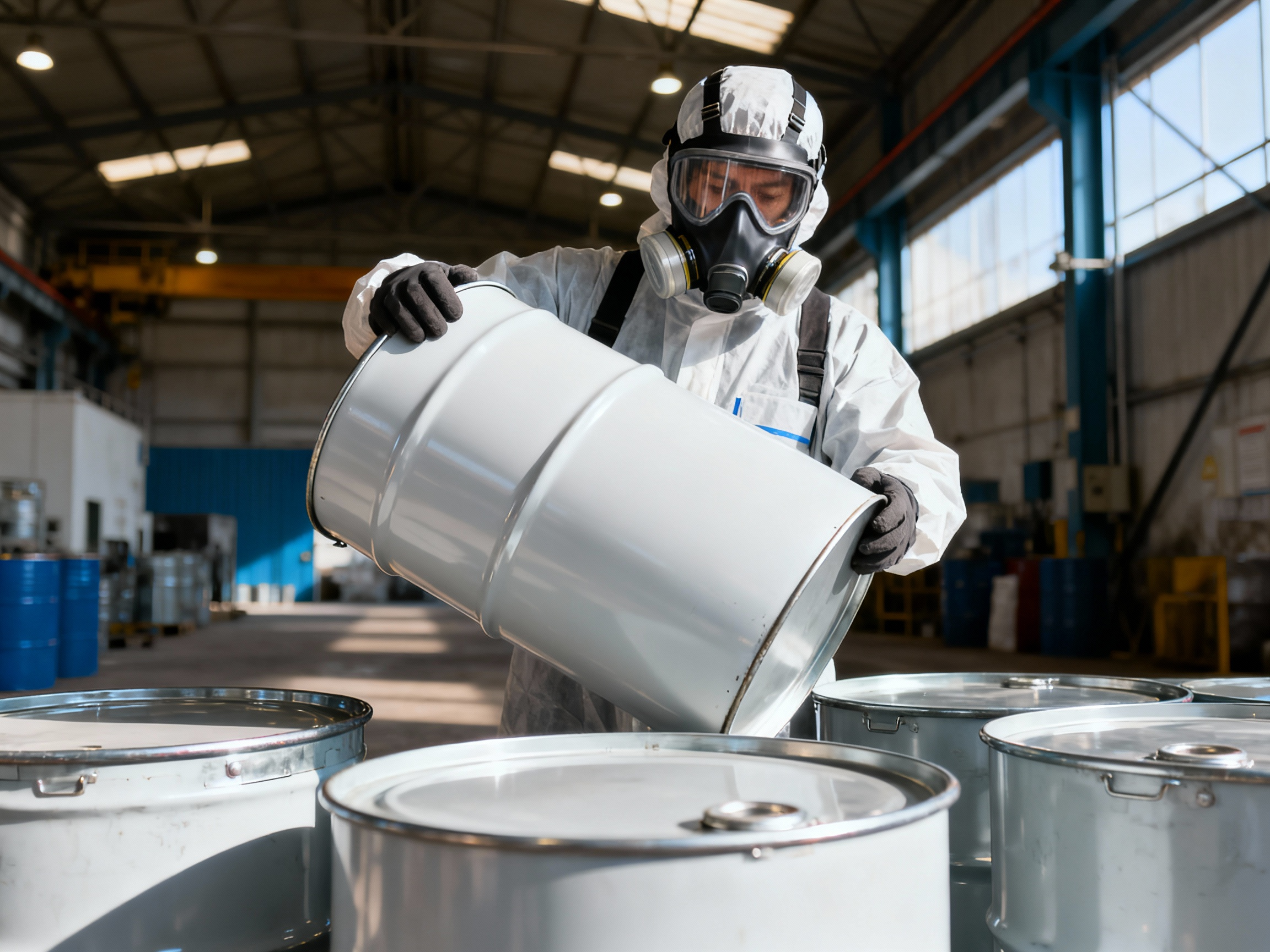 A worker in full-face respirator and protective suit handling a drum labeled with a gum turpentine hazard symbol.