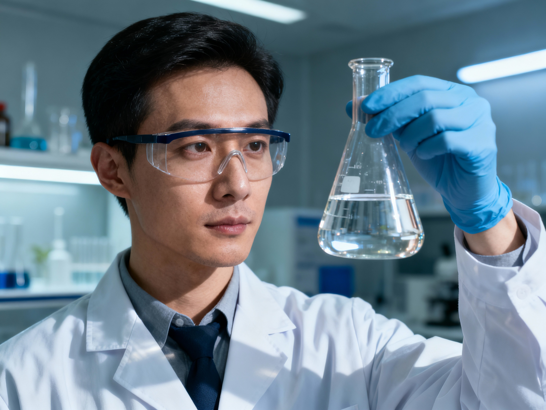 A chemist inspects a flask of clear, purified botanically derived terpenes in a laboratory