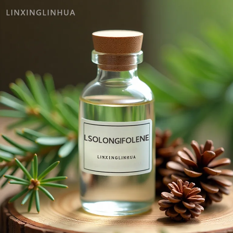 Glass bottle of longifolene essential oil with pine cones and pine needles on a wooden slice.