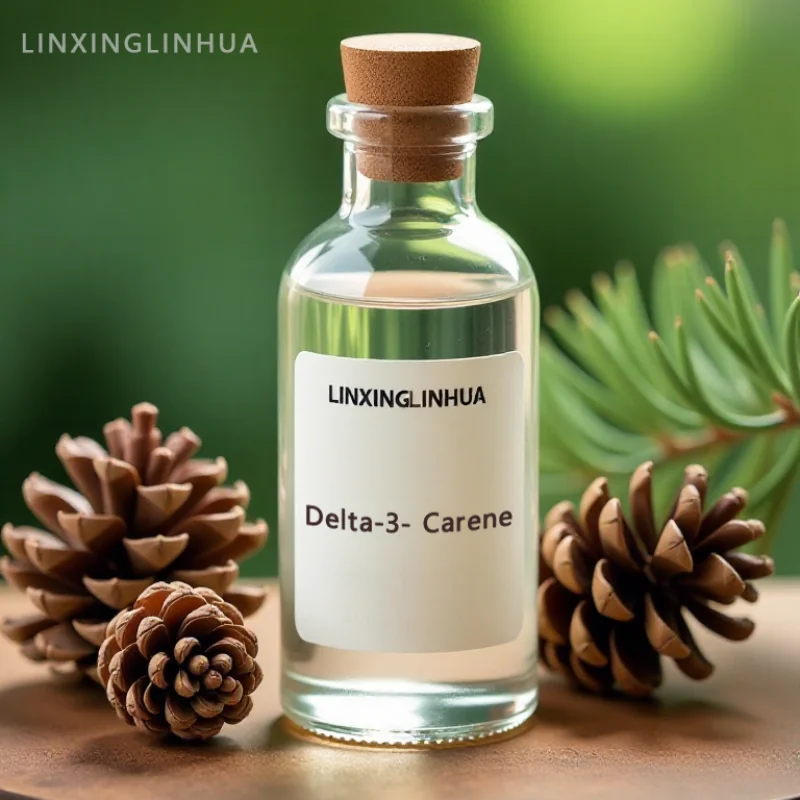 Delta-3-Carene raw material in glass bottle, natural pine-based aroma chemical from Chinese manufacturer Linxingpinechem, cosmetic and fragrance ingredient