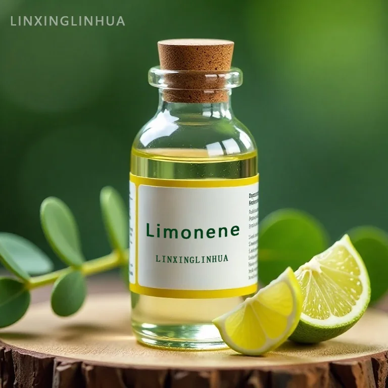Clear glass bottle of L-limonene liquid with cork cap, accompanied by fresh lime slices