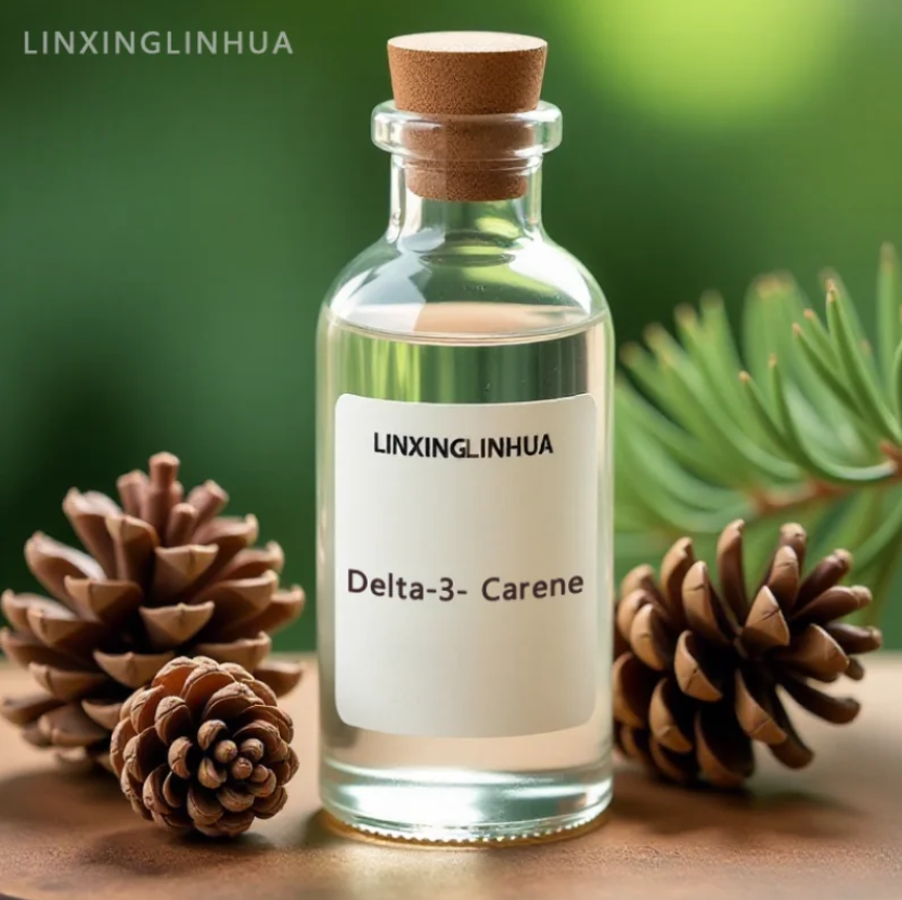 Bottle of Delta-3-Carene from Linxingpinechem showing purity and natural pine fragrance